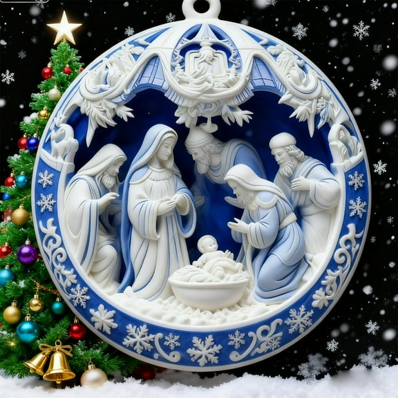 HCBY Blue Nativity Xmas Tree Ornament - Christmas Acrylic Hanging Pendan for Home Decor & Gift Ideas 3.15"