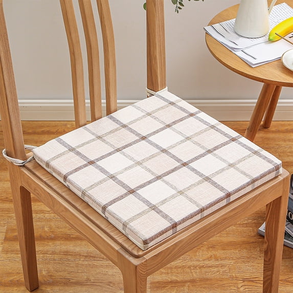 HCBY Checkered Linen Chair Cushion, Thick Sponge Filling, Detachable Washable Cover, Anti-Slip Strap, Comfortable Pad for Dining & Office