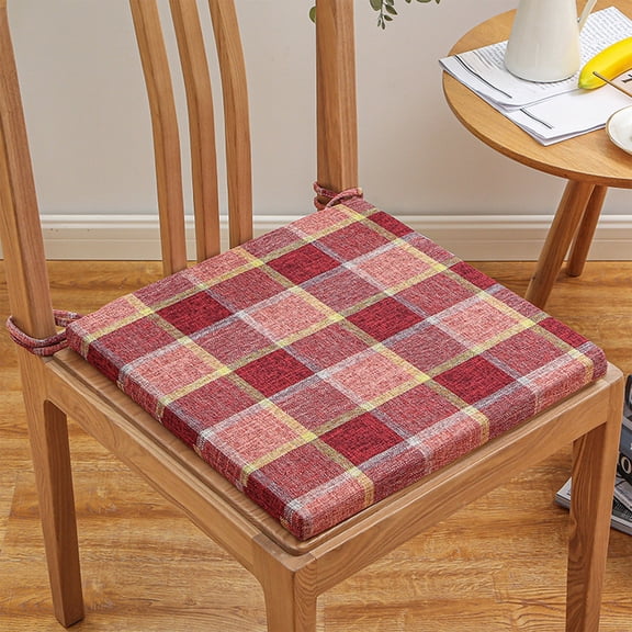 HCBY Checkered Linen Chair Cushion, Thick Sponge Filling, Detachable Washable Cover, Anti-Slip Strap, Comfortable Pad for Dining & Office