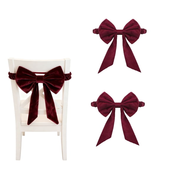 HCBY Christmas Bow Chair Cover, Burgundy Red Velvet Chair Back Decor with Adjustable Straps for Banquet Wedding Party Decoration(A 2pcs,15.7"x11")