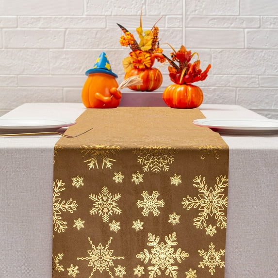 HCBY Christmas Burgundy Table Runner Cloth, Waterproof Snowflake Tablecloth, Washable Velvet Spillproof Winter Table Flag, for Holiday Xmas Decorations(Gold,11"x108")
