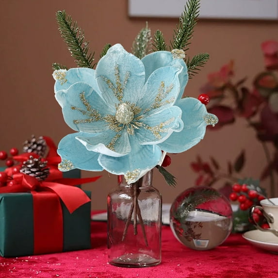 HCBY Christmas Glitter Magnolia Flowers Christmas Tree Velvet Magnolia Artificial Flowers Fake Magnolia Poinsettia Flowers for Christmas Party Tree Xmas Wreath Holiday Gift Idea Blue