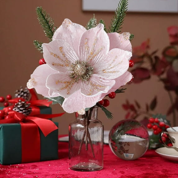 HCBY Christmas Glitter Magnolia Flowers Christmas Tree Velvet Magnolia Artificial Flowers Fake Magnolia Poinsettia Flowers for Christmas Party Tree Xmas Wreath Holiday Gift Idea Pink