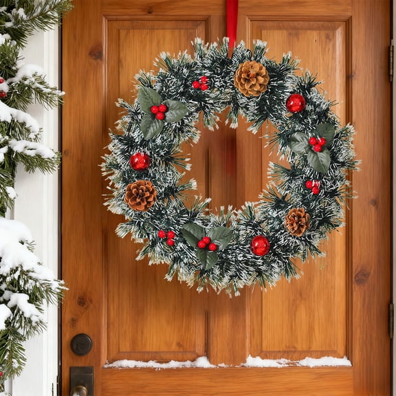 HCBY Christmas Greenery Wreath with Bow Golden Ball Artificial Pinecones Poinsettia Flowers and Red Berries, Hanging Wreath for Home Hotel Fireplace Porch Decorations(C,13.78")