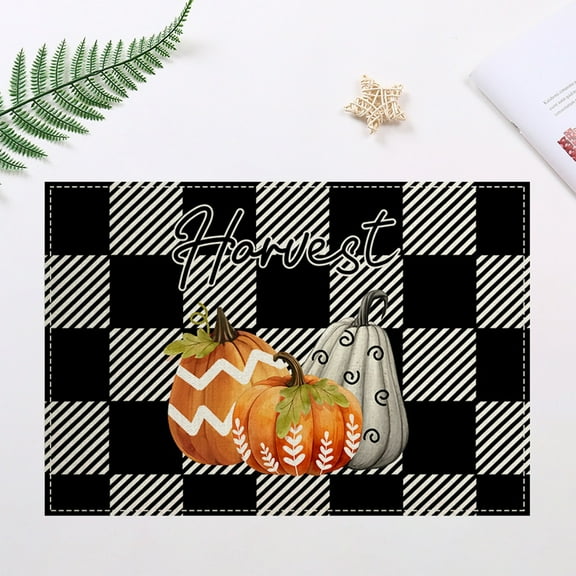 HCBY Christmas Linen Placemats Black Orange White Buffalo Plaid Bow Pumpkin Pattern Heat-Resistant, Kitchen Dining Table Decor, Gift idea