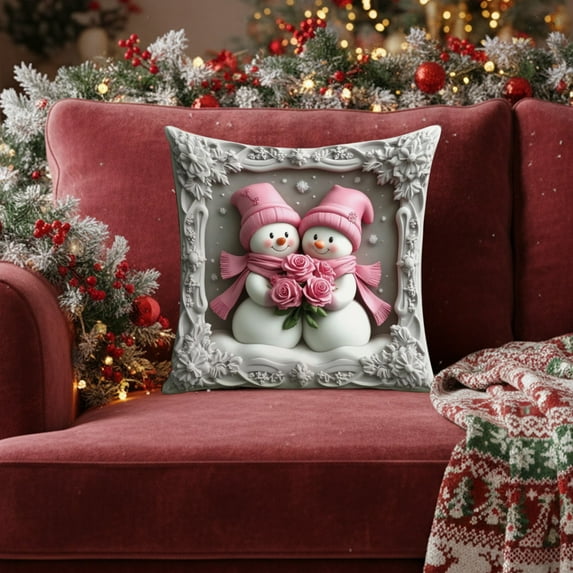 HCBY Christmas Pillow Covers, Soft Cozy Snowman Santa Pillowcases, Romantic Holiday Decor(Pink B,17.7"x17.7")