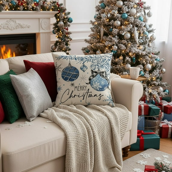 HCBY Christmas Pillow Covers for Xmas Decorative Pillowcase Winter Holiday Throw Cushion Case for Home Christmas Decor (Snowman Xmas Tree) Gift idea (Blue#1,17.7"x17.7")