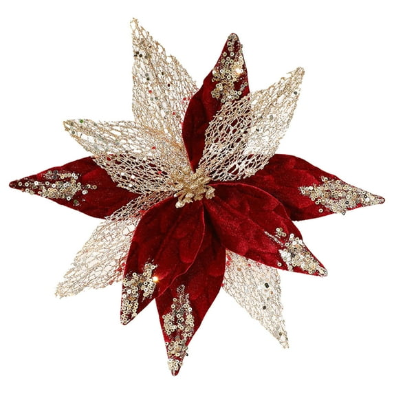 HCBY Christmas Poinsettia Glitter Faux Flowers Xmas Artificial Flowers Tree Ornaments Topper for Wedding Home Party Crafts Decoration (Red 11.4")