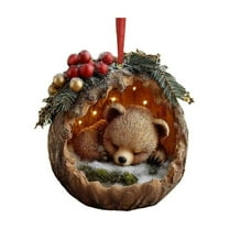 HCBY Christmas Round Woodland Bear Ornaments, 10cm Acrylic Carved Look Decor with Berry Accents, Set of Cozy Forest Animal Pendants for Xmas Tree(C,4")