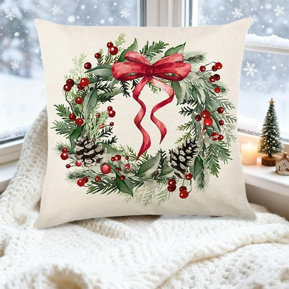 HCBY Christmas Throw Pillow Covers, Red Berry Stems Pine Branches Basket Farmhouse Decorative Pillowcase Cushion Cover for Bedroom Couch Sofa Home Porch Decor Gift