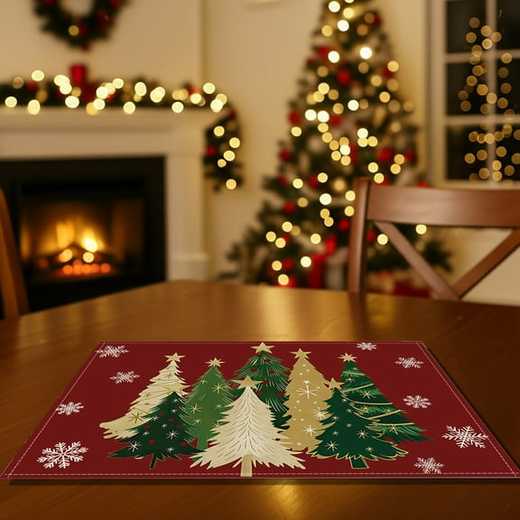 HCBY Christmas Trees Snowflakes Winter Placemats, 12x18 Inch Seasonal Red Xmas Table Mats for Party Kitchen Dining Decoration
