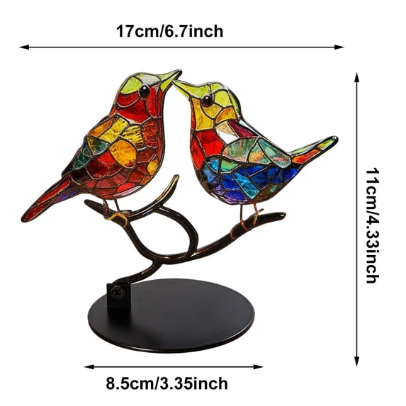 HCBY Colorful Stained Glass Metal Birds Ornament, Handcrafted Bird Figurines on Branch, Artistic Desk Decor for Home Office Shelf, Unique Gift Idea (A 2-bird,6.7"x4.3"x3.35")