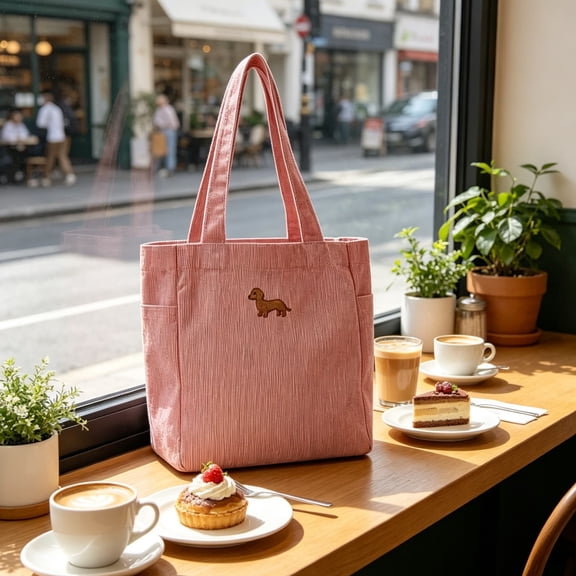 HCBY Corduroy Tote Bag, Dachshund Embroidery Pinstripe Design, Spacious with Side Pockets for Daily Commute and Coffee Run