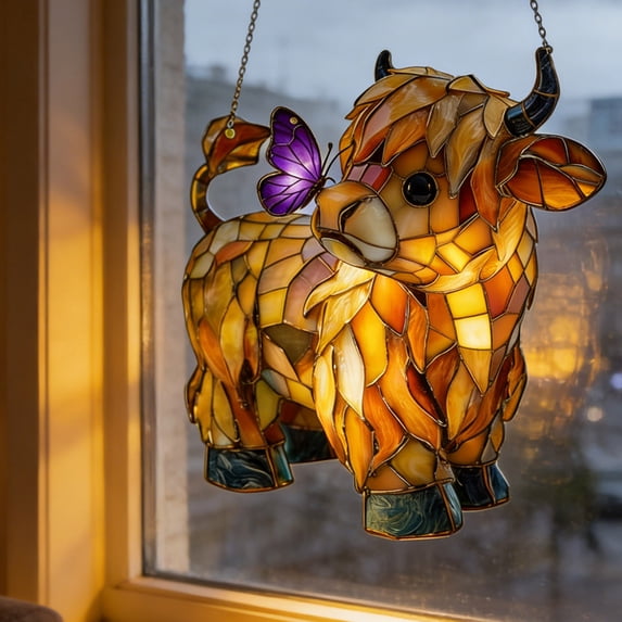 HCBY Cow and Butterfly Sun Catcher, Stained Glass Style Acrylic Window Hanging for Home & Garden Decor, 8 Inch Farmhouse Ornament, Unique Gift for Cow Lovers, Birthday, Housewarming