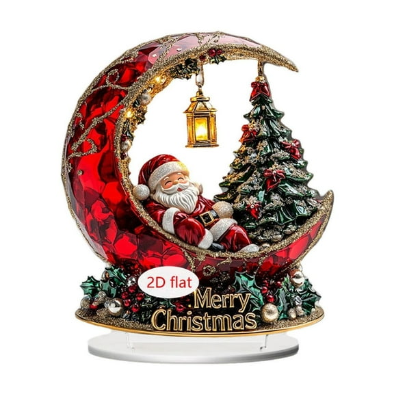 HCBY Crescent Moon Acrylic Night Light, 2D Flat Santa and Snowman Decor with LED Base, "Merry Christmas" Light-Up Tabletop Decoration for Home, Desk, Shelf(A,7.87"x6.65"x0.12")