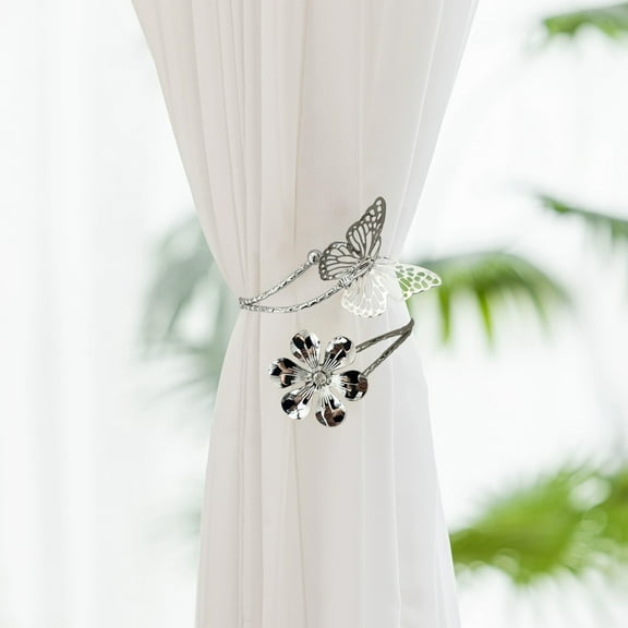 HCBY Curtain Buckle with Hollow Butterfly and Fabric Flower - Gold and Silver Metal Tieback with Diamonds for Drapery and Home Decor(Silver,3.54"x4.21")