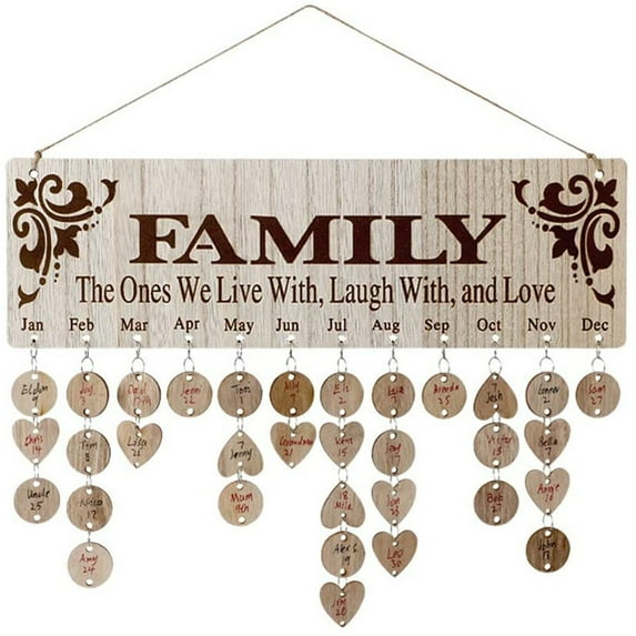 HCBY Diy Wooden Calendar Plaque Wall Hanging Board with 50 Tags, Wooden Family Birthday Reminder Great for Family Birthday Gift for Home Decoration