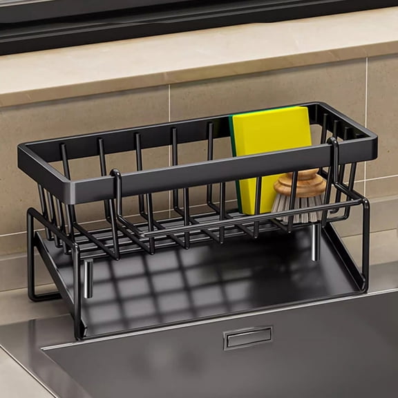 HCBY Double-Layer Plastic Kitchen Rack with Drainage Holes, Storage Shelf for Knives, Chopboards & Sponges, Stabilizing Feet Included(Black,9.05"x4.21"x3.7")