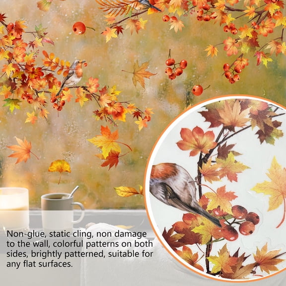 HCBY Double Sided Autumn Maple Leaf Bird Window Sticker, Fall Themed Electrostatic Glass Decal for Home, Removable No Glue Window Cling for Living Room Bedroom, Seasonal Decoration