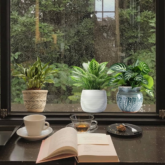HCBY Double Sided Potted Window Sticker, Electrostatic Glass Decal with Green Botanical Pattern, Removable No Glue Window Cling for Living Room Bedroom, Home Beautification Decor