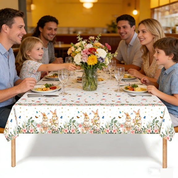HCBY Easter Theme Party Tablecloth with Rabbits and Eggs, Cute Bunny Floral Print Rectangular Table Cover, 107"x54" Waterproof Reusable Polyester Fabric, Decoration for Spring Gathering Brunch