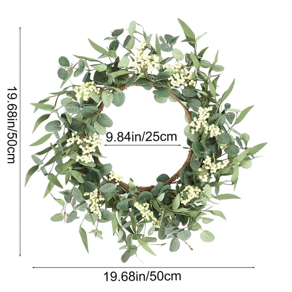 HCBY Farmhouse Style Door Wreath with leaves and small floral accents, Artificial Rattan Eucalyptus Leaf Circle Hanging, Easy Hang Outdoor Decor for Spring Summer, Front Door (Green,19.7"x19.7")