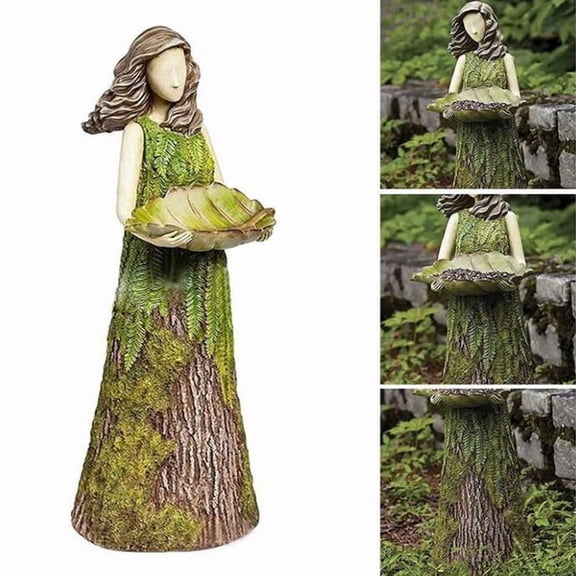 HCBY Forest Girl Resin Bird Feeder Statue, Nature-Inspired Tree Bark & Fern Pattern, Whimsical Woodland Style, Outdoor Garden Yard Decor