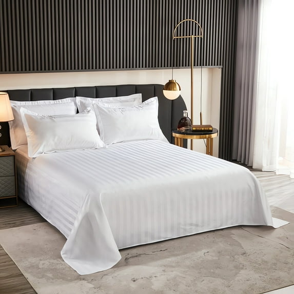 HCBY Full Size White Striped Flat Sheet, 90"x78", Lightweight, Comfortable & Cooling - Wrinkle-Free for Home, Hotel, or Dormitory​