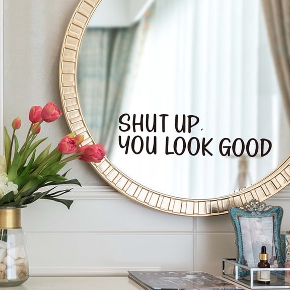 HCBY Funny "Shut Up" Bathroom Mirror Wall Sticker, Humorous Vinyl Decal for Restroom, 2 Piece Set 30x10cm and 7x22cm, Removable Self Adhesive Black Quote for Home Decor