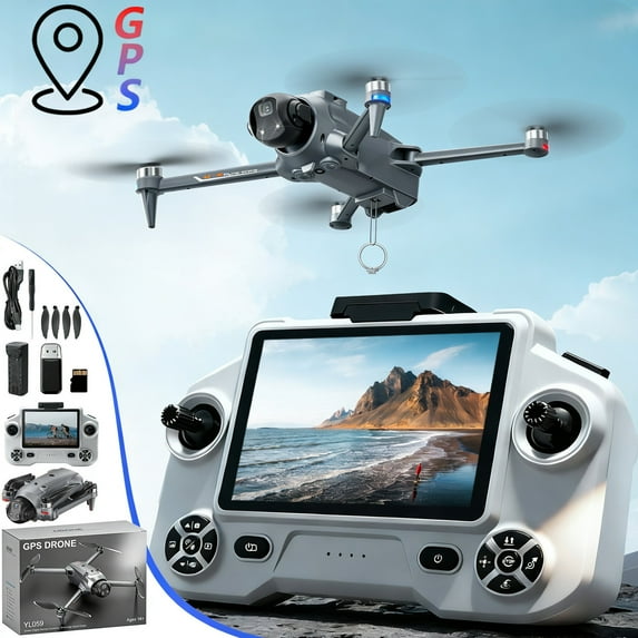 HCBY GPS Drone with 5.9-Inch Screen Remote - 2K+1080P Dual Camera, 1000m Range, 20-Min Flight & Airdrop Function for Teens (360° Obstacle Avoidance, 5G Transmission, Ages 14+)