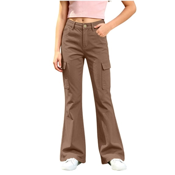 HCBY Girls' Pants, Flare Leg Cargo Pockets High Waist Stretchy Comfortable Slimming Soft for School Fall Daily 8 Colors