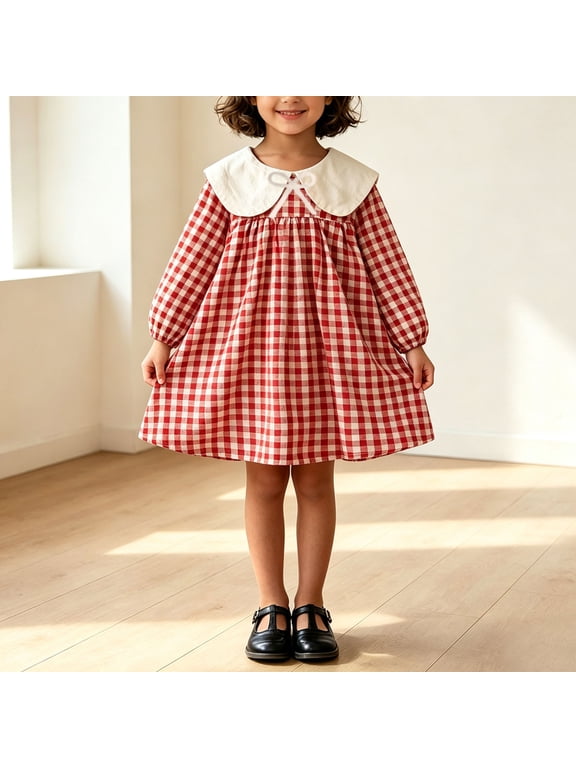 Girls Plaid Gingham Dress, Long Sleeve Peter Pan Collar A-Line Dress with Tie Bow and Puff Sleeves, 100% Cotton Casual Princess Dress