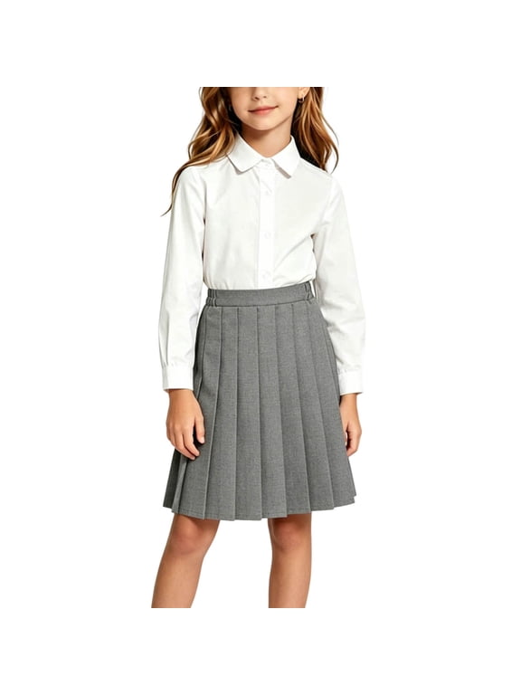 Girls Pleated Skirt Elastic Waist A-Line School Uniform Skirt Solid Color Knee Length Casual Trousers with Pockets for Kids Teens Back to School