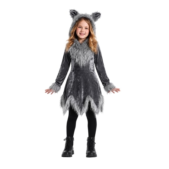 HCBY Girls Wolf Costume Dress with Fur Hood and Ears | Werewolf Halloween Dress Up Outfit for Kids | Velvet Animal Cosplay Party Dress with Faux Fur Trim