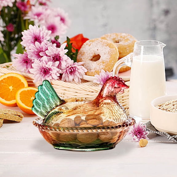 HCBY Glass Chicken Candy Dish with Lid, Farmhouse Kitchen Decor - Hens Nest Lidded Candy Jar, Snack Bowl for Counter Decor, Centerpiece for Parties & Gift (A,4.7"x3.2"x3.1")