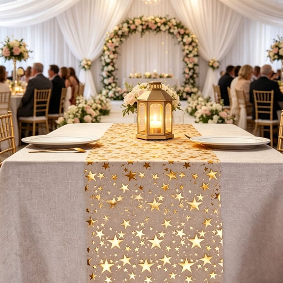 HCBY Gold Star Transparent Table Runner, Polyester Mesh Tablecloth, Sparkling Elegant Party Decor, Versatile Table Runner for Wedding Birthday Holiday