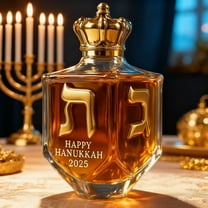 HCBY Hanukkah 2025 Dreidel Whiskey Bottle Judaica Glass Liquor Decanter with Golden Hebrew Letters Crown Cap Menorah Decoration Jewish Collectible Gift for Festival Home Bar Display Edition Holiday