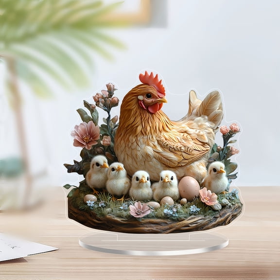 HCBY Hen and Chicks Acrylic Decor, 7.8×7.4 Inch Mother's Day Tabletop Ornament, Farm Animal Desk Figurine for Home and Office