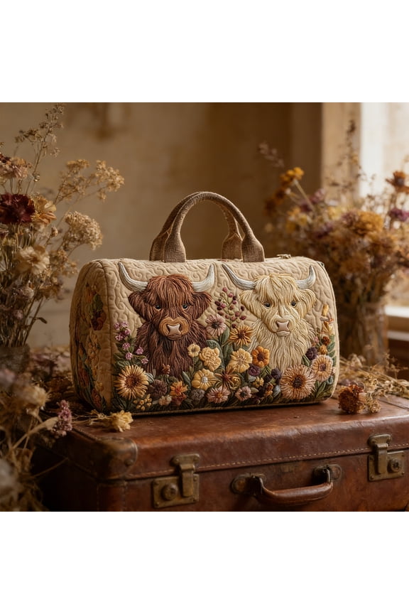 Highland Cattle Print Quilted Travel Bag, Yellow Handheld Purse with Embroidery, Waterproof Weekend & Overnight Duffle for Women, Multi-Pocket Organizer