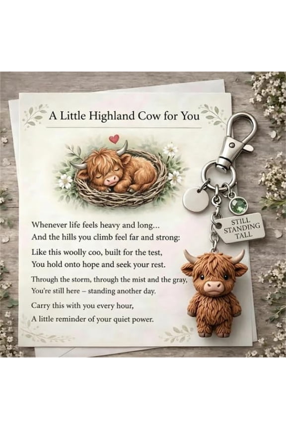 Highland Cow Inspirational Keychain, Quiet Strength Resilience Reminder Charm, Durable Encouragement Gift with Poem Card, Portable Accessory for Daily Self Care Reminder