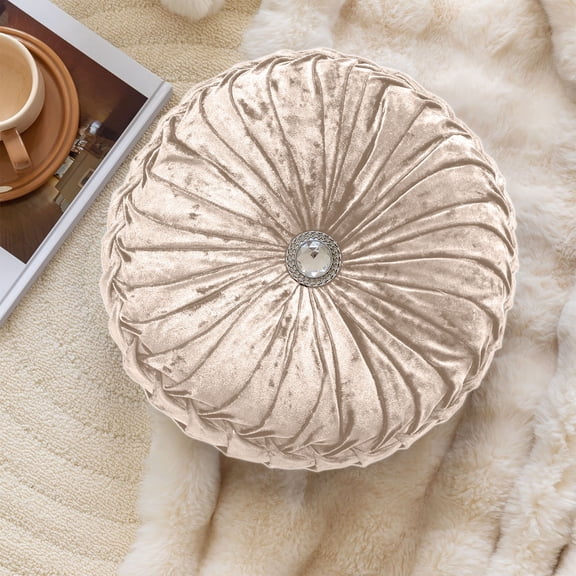 HCBY Ice‑Flower Velvet Round Wheel Throw Pillow, Pleated Ruched Pumpkin‑Shaped Decorative Cushion, Rhinestone‑Center Sofa Bed Window Seat Pillow, Luxury Home Decor Accessory