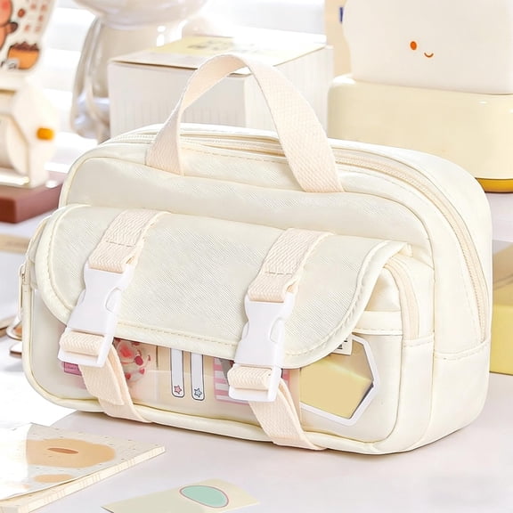 HCBY Kawaii Double Flap Pencil Case, Transparent Window Stationery Organizer, Durable Fabric Multi-Pocket Pen Bag, Washable Desk Organizer for School Office