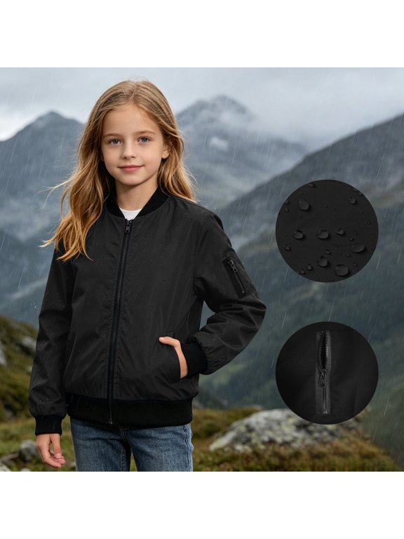 Kids Bomber Jacket Baseball Collar Full Zip Windbreaker with Pockets, Lightweight Water-Resistant Windproof Outerwear Coat for Boys Girls Fall Winter
