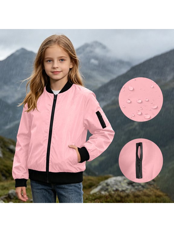 Kids Bomber Jacket Baseball Collar Full Zip Windbreaker with Pockets, Lightweight Water-Resistant Windproof Outerwear Coat for Boys Girls Fall Winter
