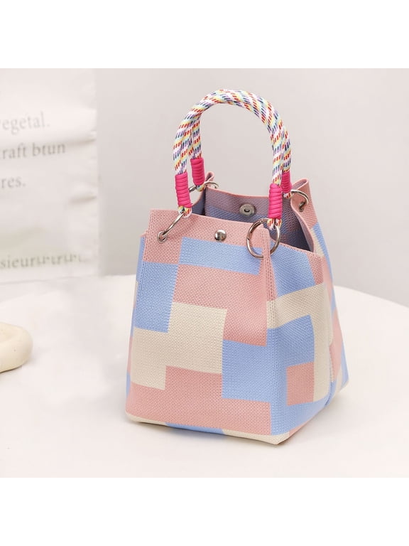 Knitted Handbag Color Block, Geometric Mini Tote Bag with Top Handle, Fashion Small Shoulder Bag for Women Daily Commute