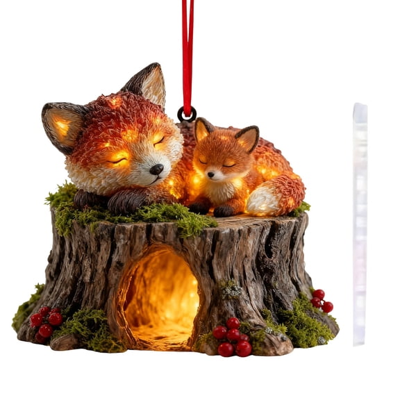 HCBY LED Light-Up Forest Animal Christmas Ornament - Sleeping Fox, Hedgehog, Deer Resin Decor for Tree, Wreath, Mantel, Gift Idea