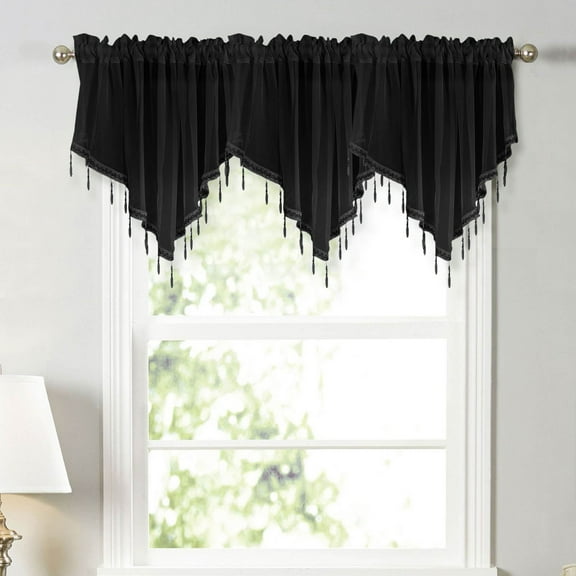 HCBY Lace Valance Swag Curtain 51 Inch Scalloped Sheer Curtain Panels with Crystal Beads - Rod Pocket Farmhouse Window Treatment for Kitchen Bedroom 1pc Boho Chic Drape Decor Black
