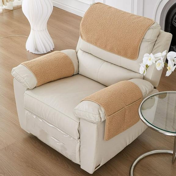 HCBY Lamb Fleece Sofa Headrest Armrest Protector Pad, Non Slip Furniture Cover With Storage Pockets, Waterproof Stain Resistant Couch Cushion, Pet Scratch Resistant Single Recliner Chair Cover