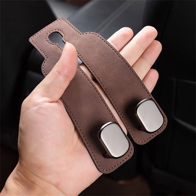 HCBY Leather Car Seat Headrest Hooks 2 Pack, Double Phone Holder for Back Seat Organizer, Space Saving Purse Bag Hook for Vehicle Interior, Easy Install Automotive Accessory for Travel