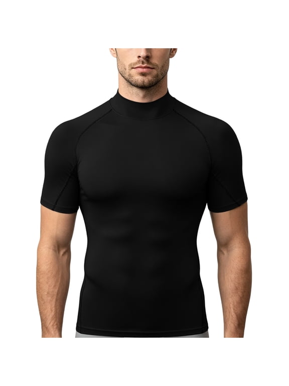 Men's Compression Shirt Mock Neck Short Sleeve Athletic Workout Top Quick Dry Moisture Wicking Base Layer Slim Fit Gym Running Undershirt